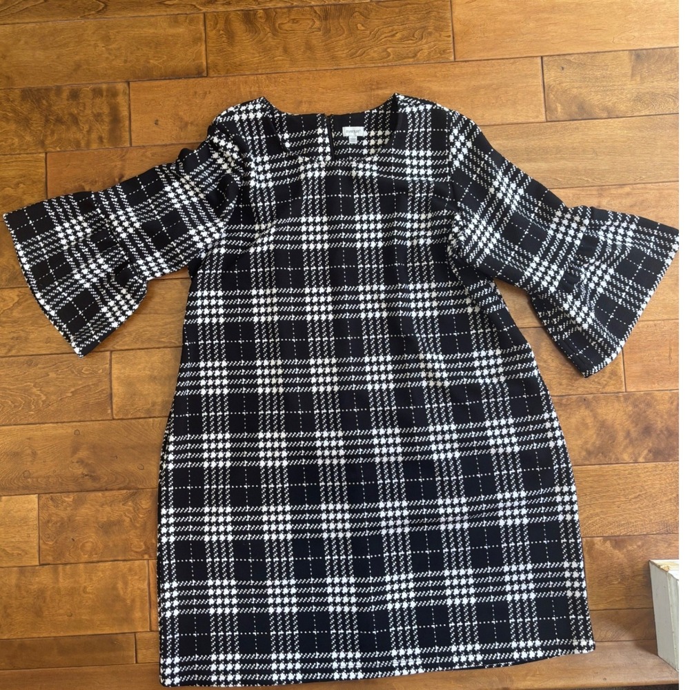 Avenue Womens Black White Plaid Houndstooth Bell Sleeve Shift Dress Size 22/24
